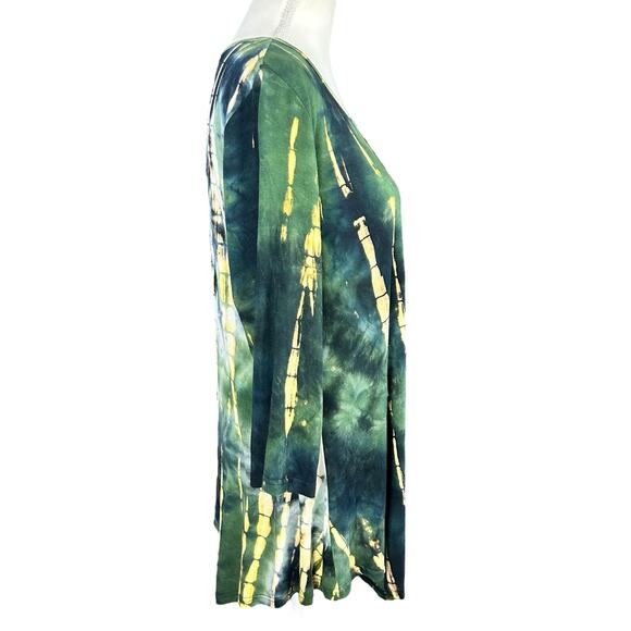 Ninedaily Top Women Sz XXL Green Yellow Rayon Stretch Asymetric Boho Artsy Tunic - Picture 4 of 11